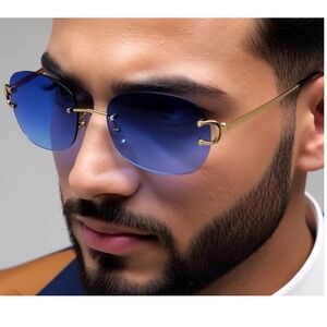 Rimless Sunglasses Blue Lens Gold Frame Fashion Shades Men's Eyewear Hip Hop New